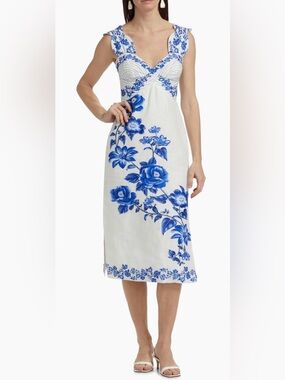 FARM Rio White Midi Dress with Blue Floral Print